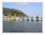 Port de Beauséjour, bateaux multicolores. Île de la Désirade, 