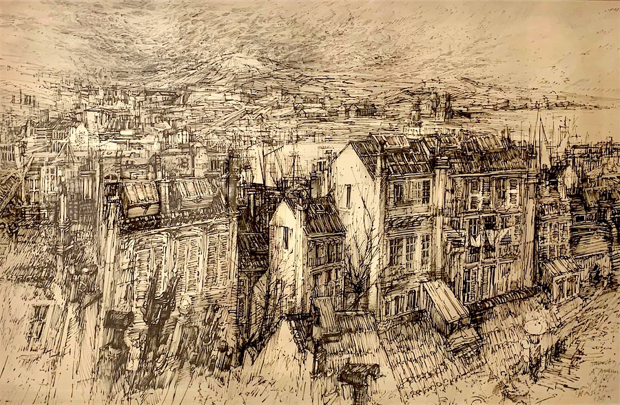 Vue de Marseille ; dessin en noir et blanc réalisé à la plume et à l'encre.