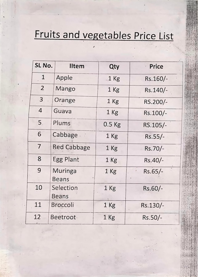 Munnar, prix des fruits et légumes