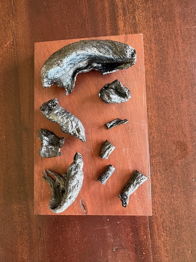 Sur une planchette de bois, morceaux de lave légérement granuleux, gris foncé et légérement brillants, récupérés durant la nuit