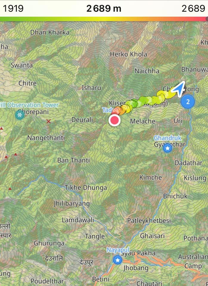 tracé se l'itinéraire sur la carte, Ghorepani ➜ Chhomrong - Népal